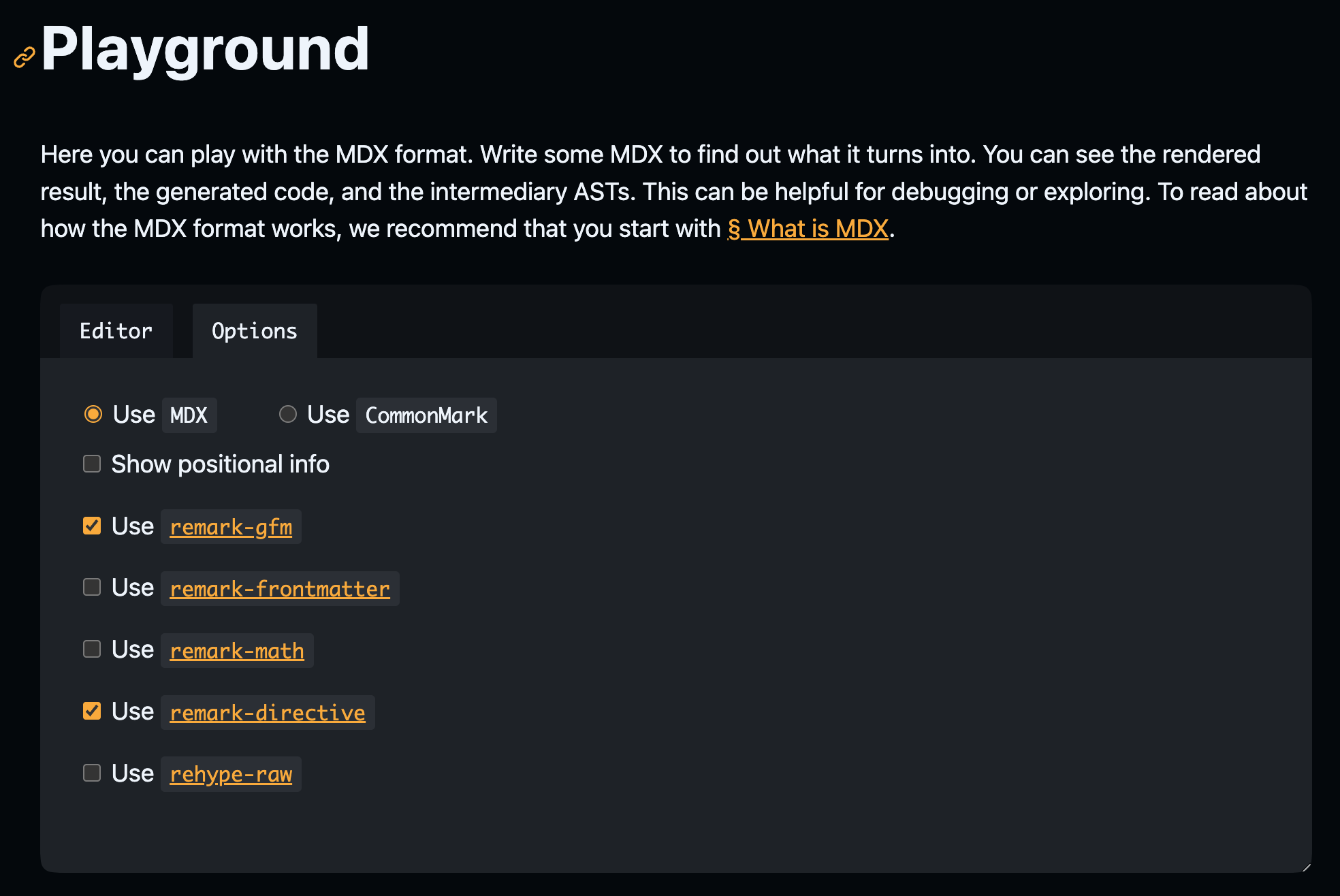 Screenshot of the MDX v2 playground&#39;s options panel, with only the &quot;Use MDX&quot;, &quot;Use remark-gfm&quot;, and &quot;Use remark-directive&quot; options checked